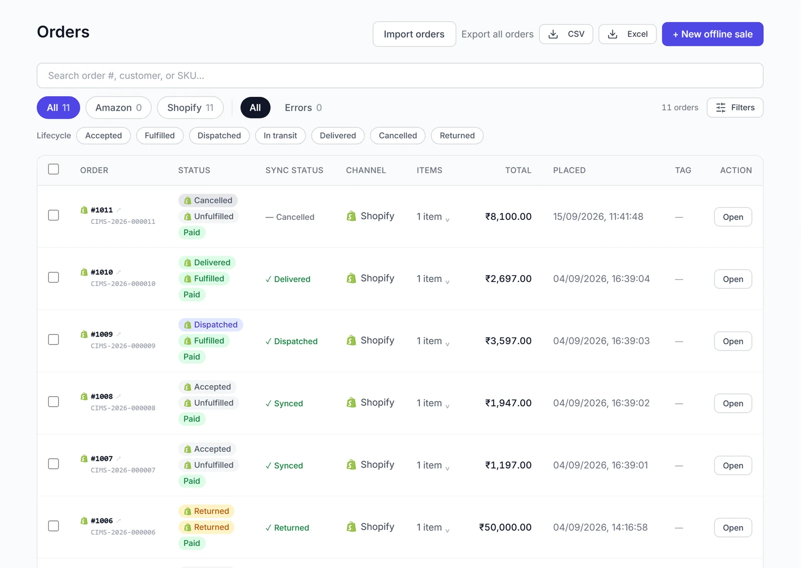 Orders from Shopify and Amazon in one list, each showing its lifecycle status, sync status, channel and total.