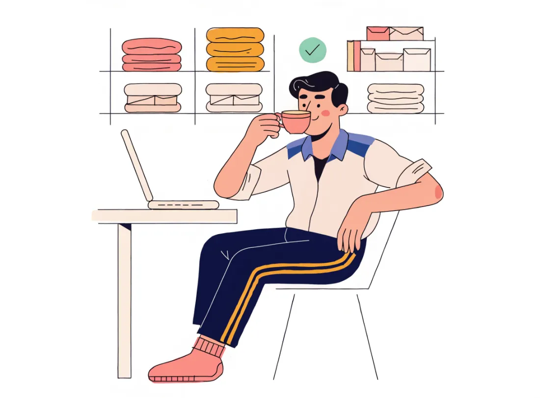 The same shop owner relaxed with a cup of tea, tidy shelves behind him and a green tick above.