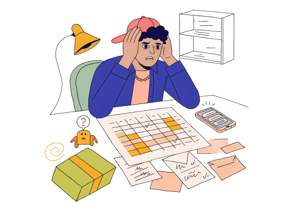 A stressed shop owner holding his head over a messy spreadsheet, a buzzing phone and scattered sticky notes.