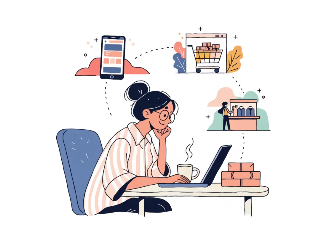 A smiling seller at her laptop with a cup of chai, connected to her online store, a marketplace and her shop counter, parcels ready to ship beside her.