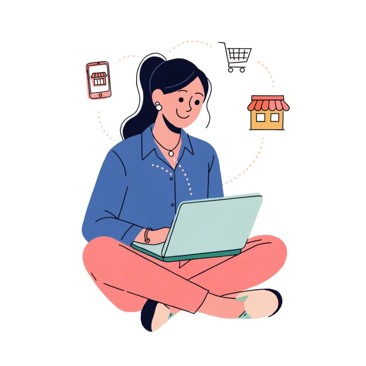 A seller on her laptop, connected by dotted lines to an online shop, a shopping cart and a small storefront.