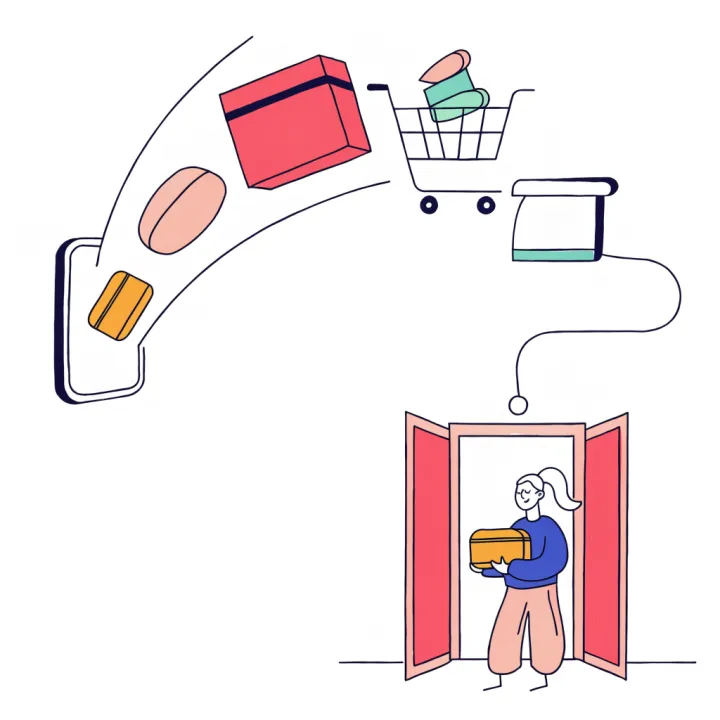 Parcels travelling from a phone, a shopping cart and a shop counter to a happy customer at her door.