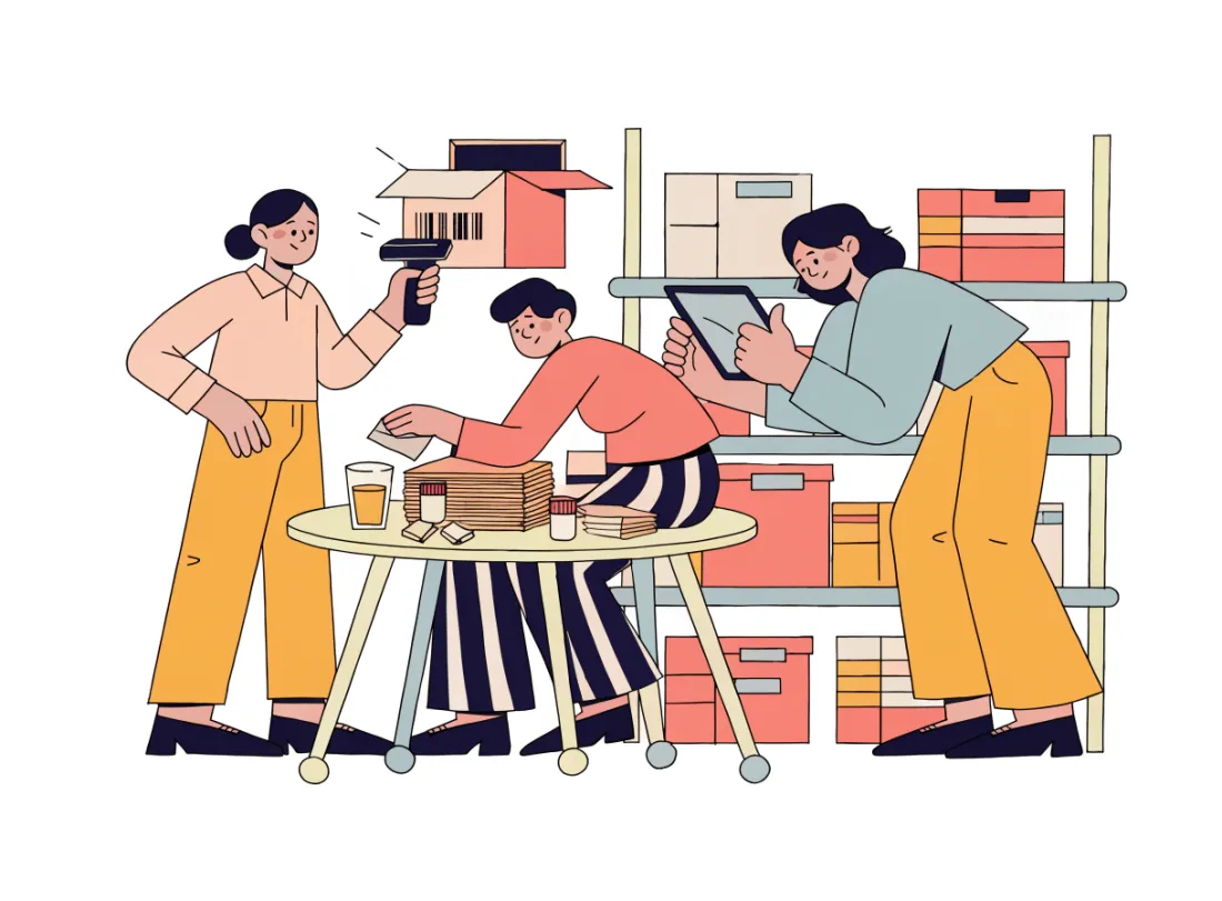 A small team in a bright stockroom: one scanning a box on a shelf, one packing an order, one checking a tablet.